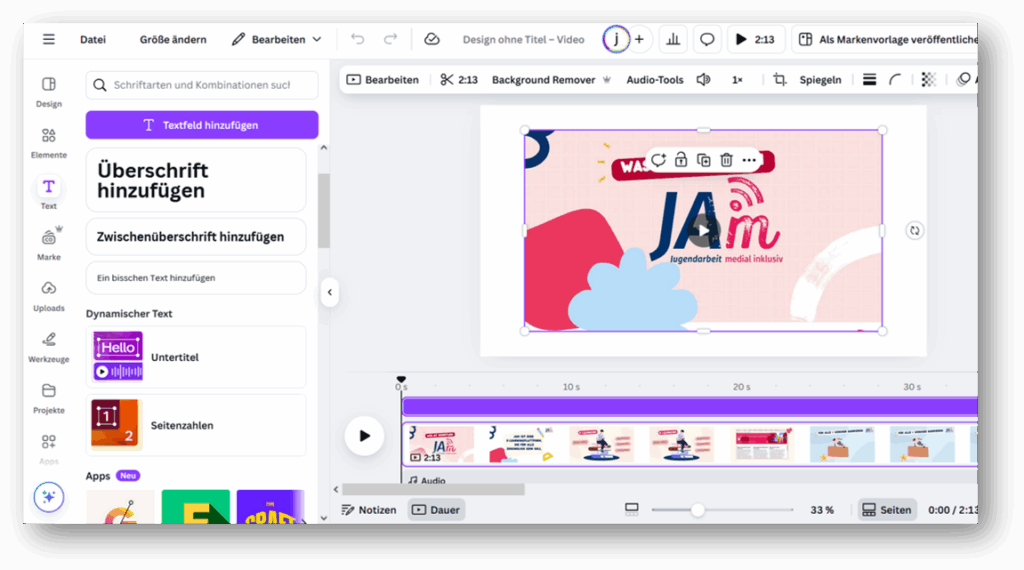 Screenshot der Oberfläche vom Programm Canva. Wenn man ein Video einfügt und in der linken Seitenleiste auf "Text" klickt, ist unterhalb der Punkte "Überschrift hinzufügen" die Schaltfläche "Untertitel" zu lesen.