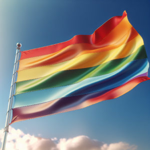 Fotorealistisches Bild von einer wehenden Flagge im blauen Himmel. Auf der Flagge sind die Farben Rot, Orange, Gelb, Grün, Blau und Lila zu sehen.
