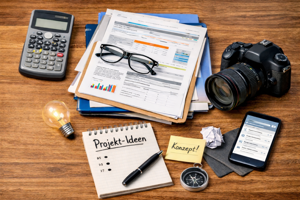 Ein Tisch mit diversen Materialien zum Arbeiten, wie Notizzettel, Stift, Block, Post it, Taschenrechner, etc